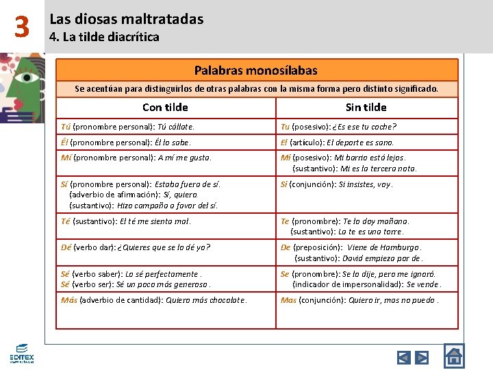3 Las diosas maltratadas 4. La tilde diacrítica Palabras monosílabas Se acentúan para distinguirlos 3 Las diosas maltratadas 4. La tilde diacrítica Palabras monosílabas Se acentúan para distinguirlos