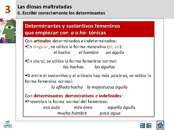 3 Las diosas maltratadas 6. Escribir correctamente los determinantes Determinantes y sustantivos femeninos que