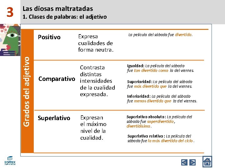 1. Clases de palabras: el adjetivo Positivo Grados del adjetivo 3 Las diosas maltratadas