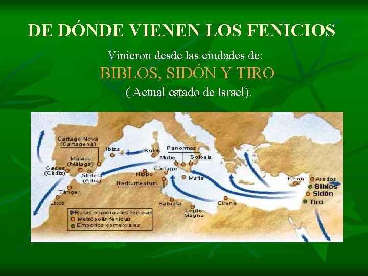 DE DÓNDE VIENEN LOS FENICIOS Vinieron desde las ciudades de: BIBLOS, SIDÓN Y TIRO