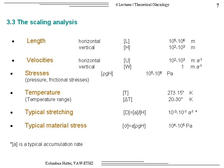 6 Lectures / Theoretical Glaciology 3. 3 The scaling analysis · Length horizontal [L]