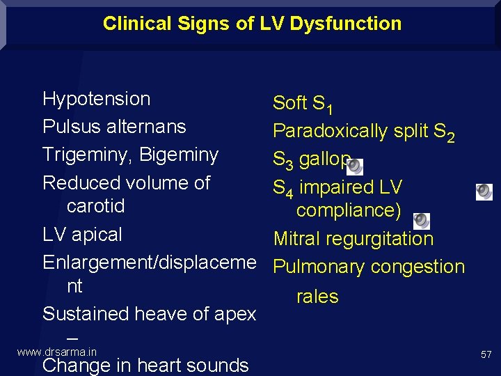 Clinical Signs of LV Dysfunction Hypotension Pulsus alternans Trigeminy, Bigeminy Reduced volume of carotid