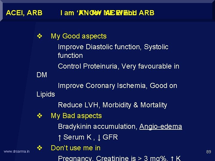 ACEI, ARB www. drsarma. in I am ‘A’ KNOW for ME ACEI WELL and