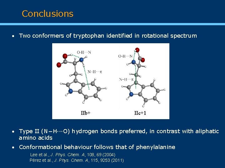 Conclusions Two conformers of tryptophan identified in rotational spectrum IIb+ IIc+1 Type II (N−H···O)