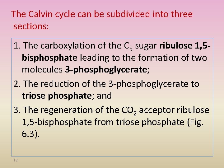 The Calvin cycle can be subdivided into three sections: 1. The carboxylation of the