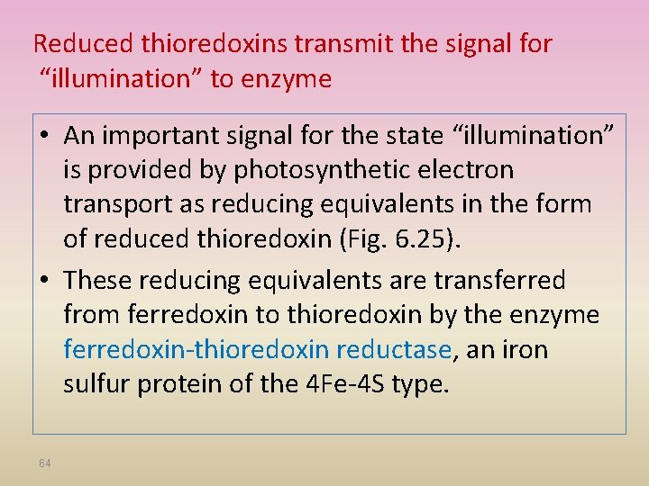 Reduced thioredoxins transmit the signal for “illumination” to enzyme • An important signal for