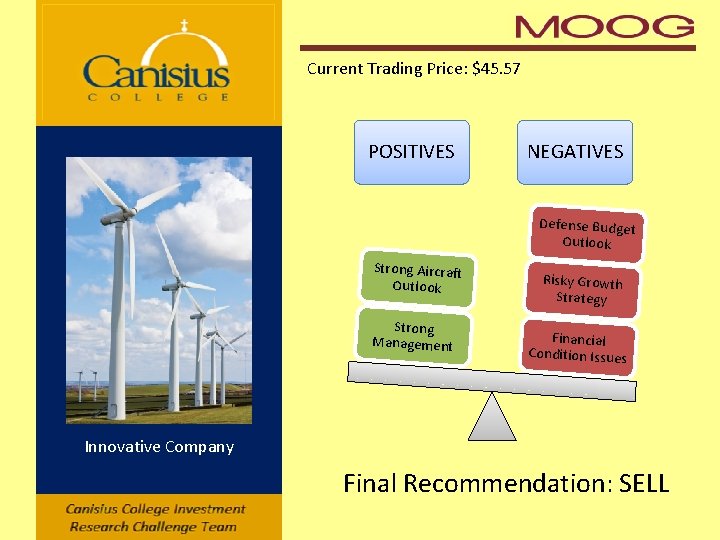 Current Trading Price: $45. 57 POSITIVES NEGATIVES Defense Budget Outlook Strong Aircraft Outlook Strong