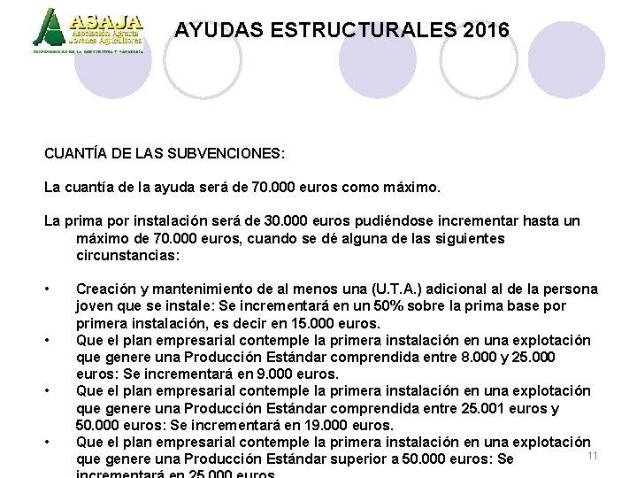 AYUDAS ESTRUCTURALES 2016 CUANTÍA DE LAS SUBVENCIONES: La cuantía de la ayuda será de