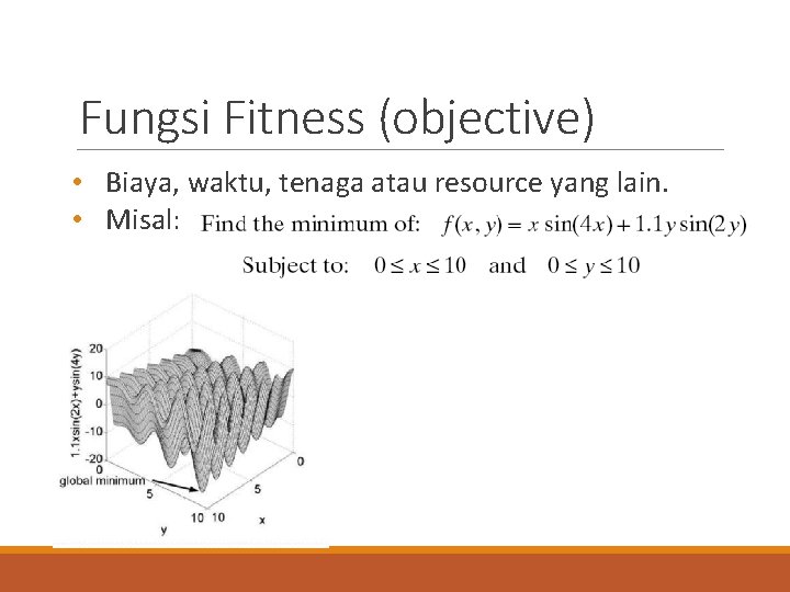 Fungsi Fitness (objective) • Biaya, waktu, tenaga atau resource yang lain. • Misal: 