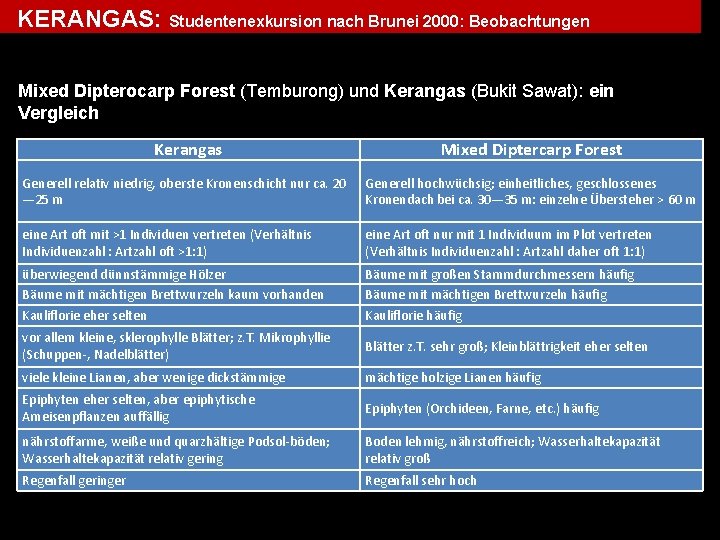 KERANGAS: Studentenexkursion nach Brunei 2000: Beobachtungen Mixed Dipterocarp Forest (Temburong) und Kerangas (Bukit Sawat):