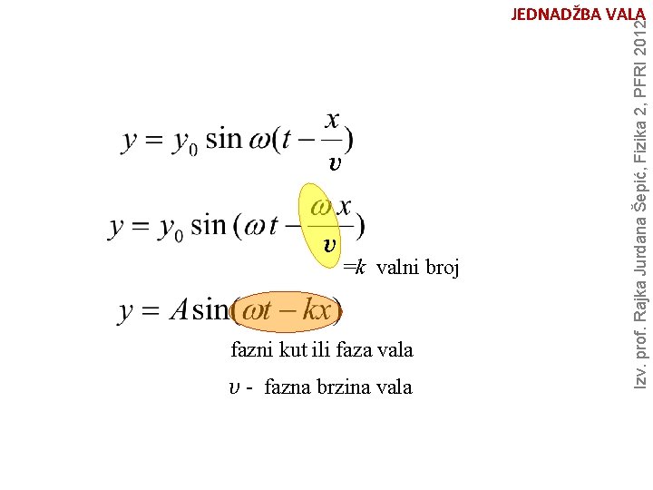 v v =k valni broj fazni kut ili faza vala v - fazna brzina