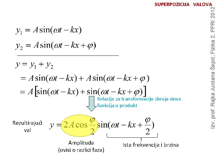 Relacije za transformaciju zbroja sinus funkcija u produkt Rezultirajući val Amplituda (ovisi o razlici