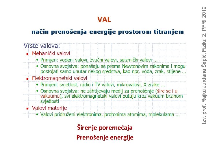 način prenošenja energije prostorom titranjem Širenje poremećaja Prenošenje energije Izv. prof. Rajka Jurdana Šepić,