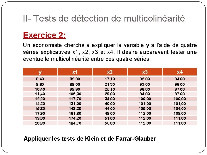 II- Tests de détection de multicolinéarité Exercice 2: Un économiste cherche à expliquer la