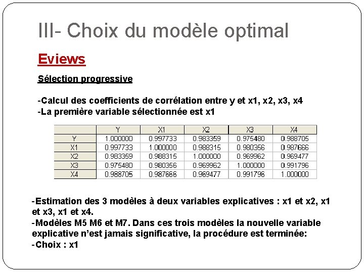 III- Choix du modèle optimal Eviews Sélection progressive -Calcul des coefficients de corrélation entre