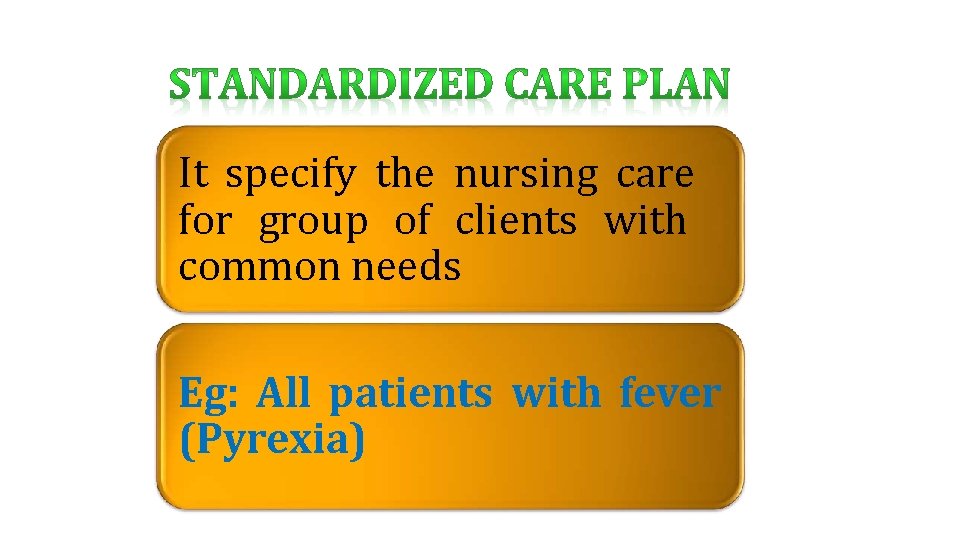 It specify the nursing care for group of clients with common needs Eg: All