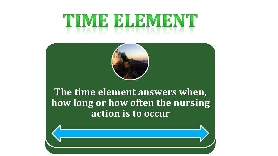 The time element answers when, how long or how often the nursing action is