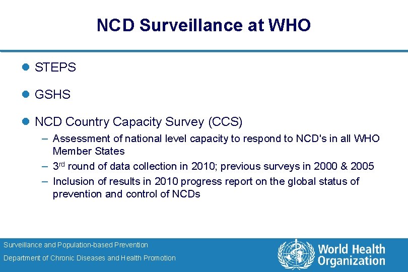 NCD Surveillance at WHO l STEPS l GSHS l NCD Country Capacity Survey (CCS)