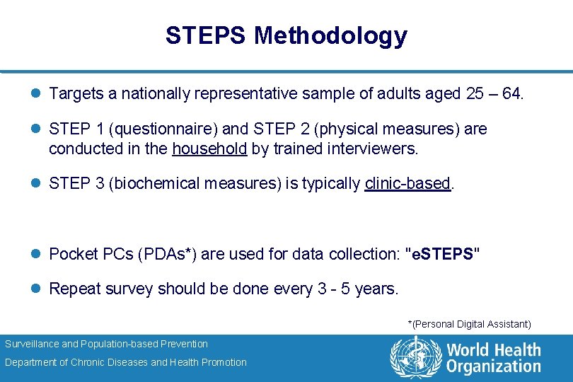 STEPS Methodology l Targets a nationally representative sample of adults aged 25 – 64.