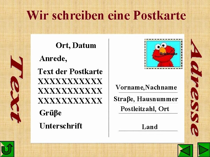 Wir schreiben eine Postkarte Ort, Datum Briefmarke Anrede, Text der Postkarte XXXXXXXXXXX Grüβe Unterschrift