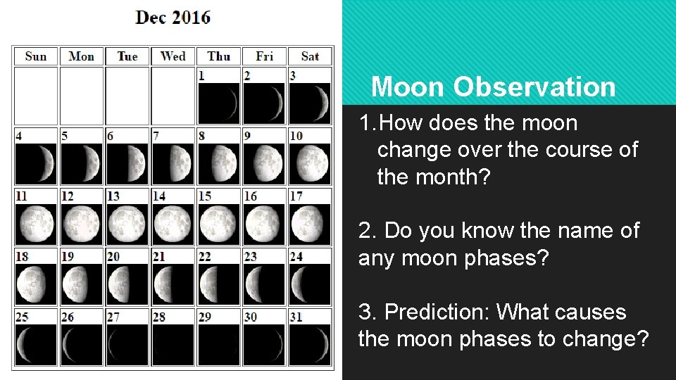Moon Observation 1. How does the moon change over the course of the month?