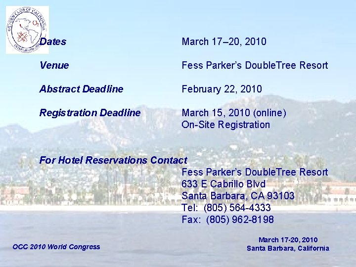 Dates March 17– 20, 2010 Venue Fess Parker’s Double. Tree Resort Abstract Deadline February