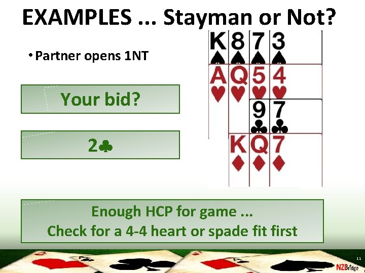 EXAMPLES. . . Stayman or Not? • Partner opens 1 NT Your bid? 2