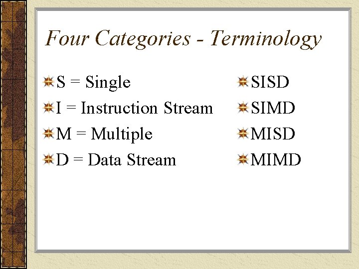 Four Categories - Terminology S = Single I = Instruction Stream M = Multiple
