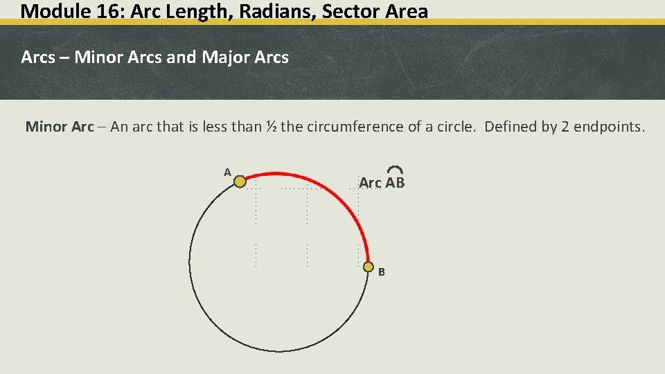 Module 16: Arc Length, Radians, Sector Area Arcs – Minor Arcs and Major Arcs