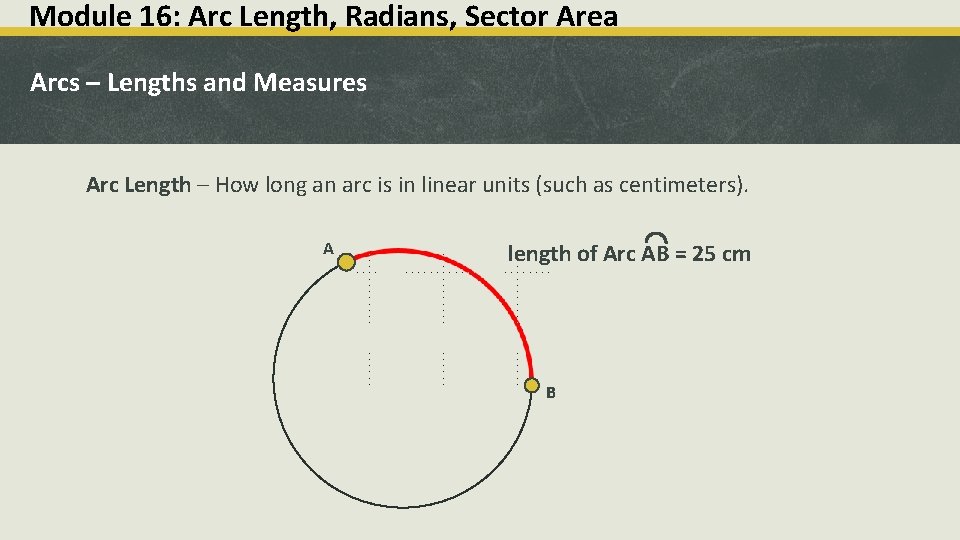 Module 16: Arc Length, Radians, Sector Area Arcs – Lengths and Measures Arc Length