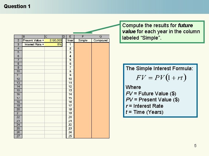 Question 1 Compute the results for future value for each year in the column