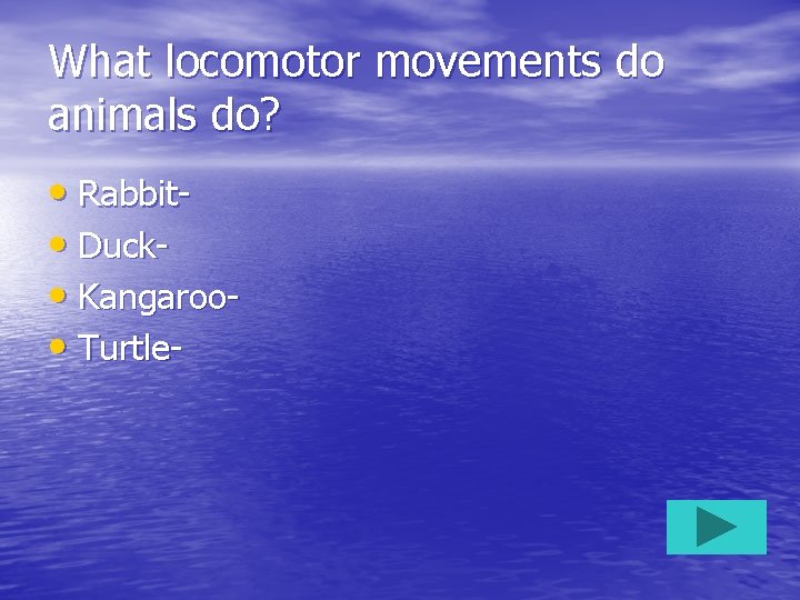 What locomotor movements do animals do? • Rabbit • Duck • Kangaroo • Turtle-