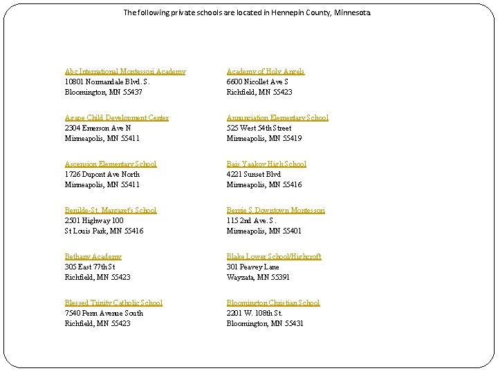 The following private schools are located in Hennepin County, Minnesota. Abc International Montessori Academy The following private schools are located in Hennepin County, Minnesota. Abc International Montessori Academy