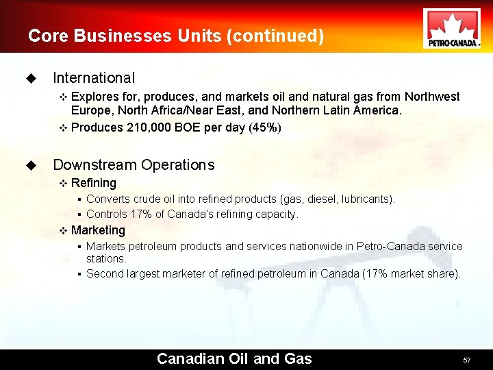 Core Businesses Units (continued) u International Explores for, produces, and markets oil and natural