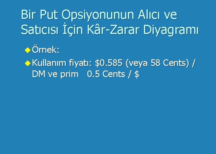 Bir Put Opsiyonunun Alıcı ve Satıcısı İçin Kâr-Zarar Diyagramı u Örnek: u Kullanım fiyatı: