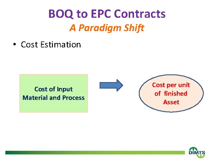 BOQ to EPC Contracts A Paradigm Shift • Cost Estimation Cost of Input Material