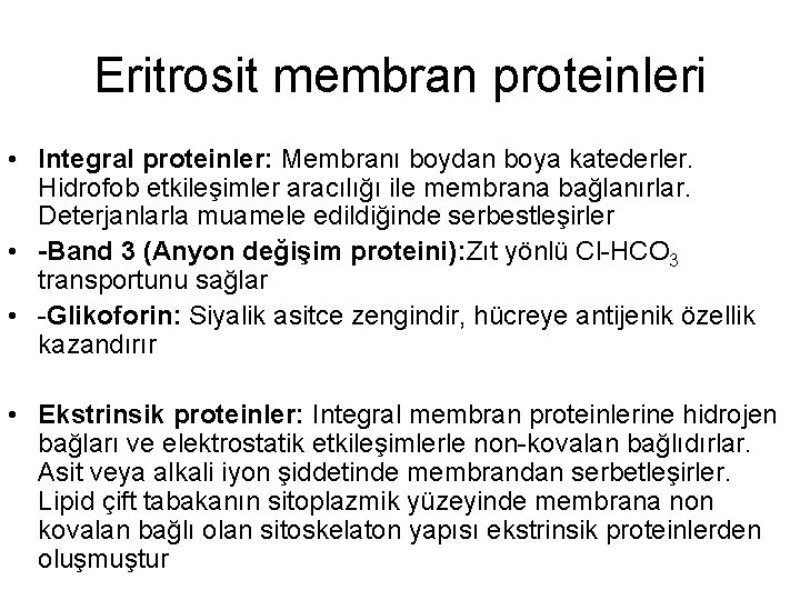 Eritrosit membran proteinleri • Integral proteinler: Membranı boydan boya katederler. Hidrofob etkileşimler aracılığı ile