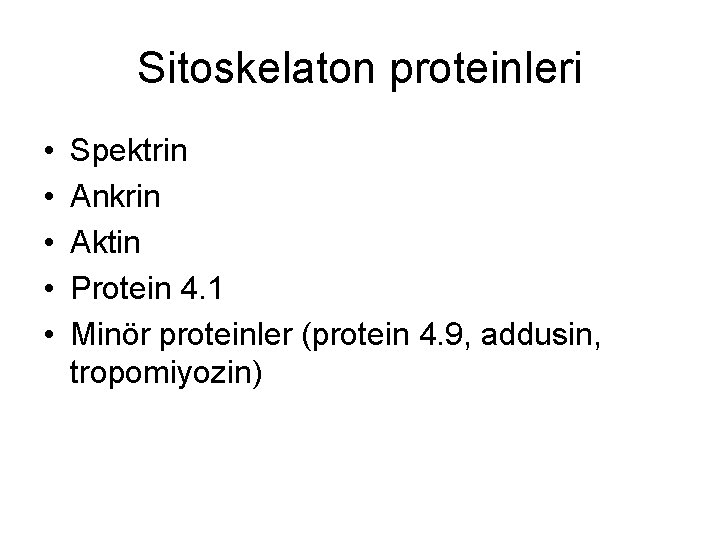 Sitoskelaton proteinleri • • • Spektrin Ankrin Aktin Protein 4. 1 Minör proteinler (protein