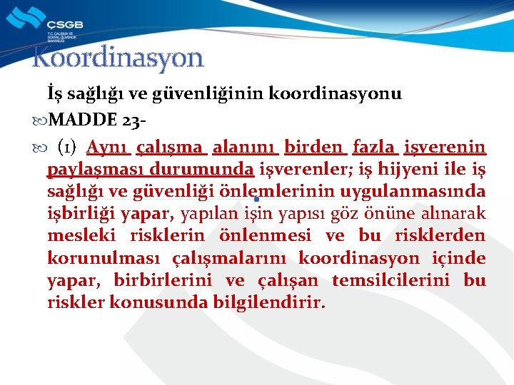 Koordinasyon İş sağlığı ve güvenliğinin koordinasyonu MADDE 23 - (1) Aynı çalışma alanını birden