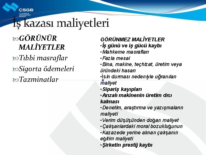 İş kazası maliyetleri GÖRÜNÜR MALİYETLER Tıbbi masraflar Sigorta ödemeleri Tazminatlar GÖRÜNMEZ MALİYETLER • İş