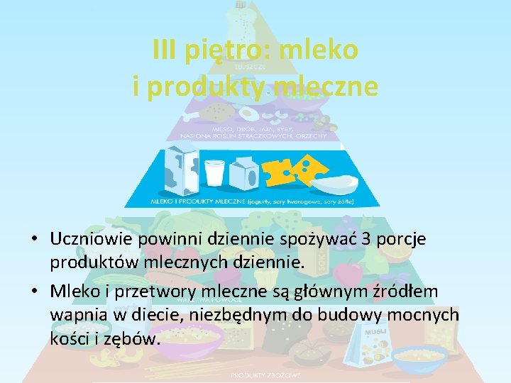 III piętro: mleko i produkty mleczne • Uczniowie powinni dziennie spożywać 3 porcje produktów