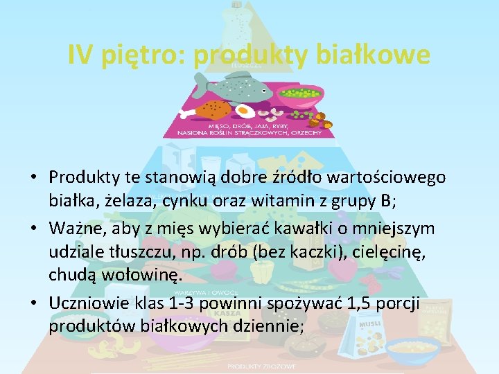 IV piętro: produkty białkowe • Produkty te stanowią dobre źródło wartościowego białka, żelaza, cynku IV piętro: produkty białkowe • Produkty te stanowią dobre źródło wartościowego białka, żelaza, cynku