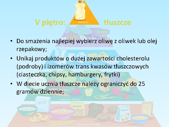 V piętro: tłuszcze • Do smażenia najlepiej wybierz oliwę z oliwek lub olej rzepakowy; V piętro: tłuszcze • Do smażenia najlepiej wybierz oliwę z oliwek lub olej rzepakowy;