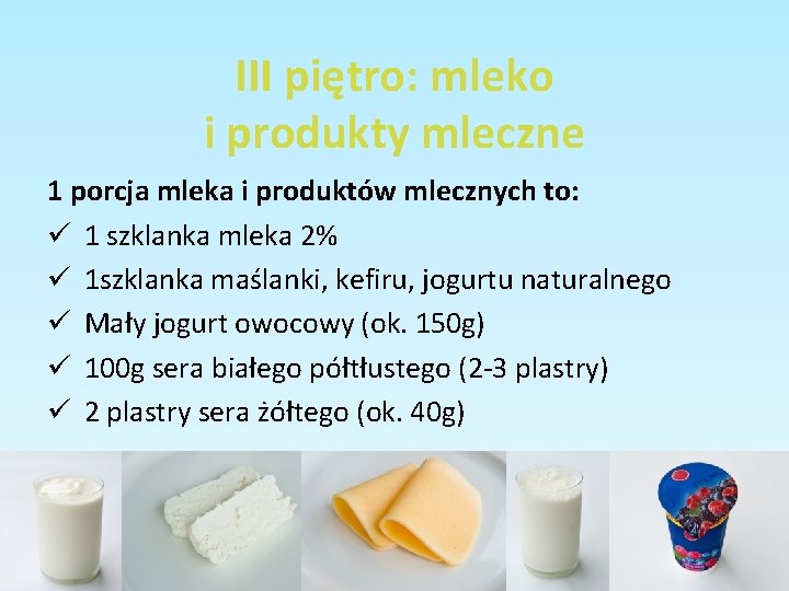 III piętro: mleko i produkty mleczne 1 porcja mleka i produktów mlecznych to: ü