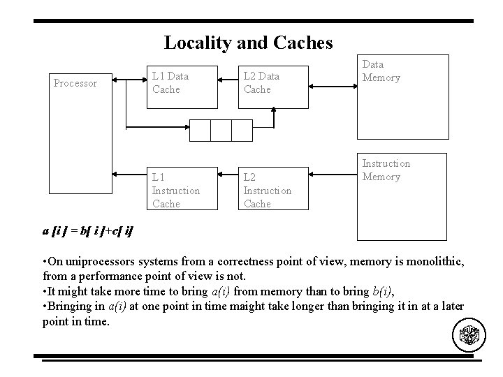 Locality and Caches Processor L 1 Data Cache L 1 Instruction Cache L 2