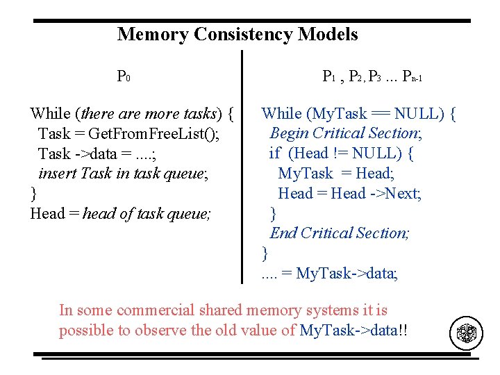 Memory Consistency Models P 0 While (there are more tasks) { Task = Get.