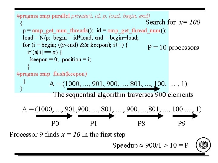 #pragma omp parallel private(i, id, p, load, begin, end) Search for x= 100 {