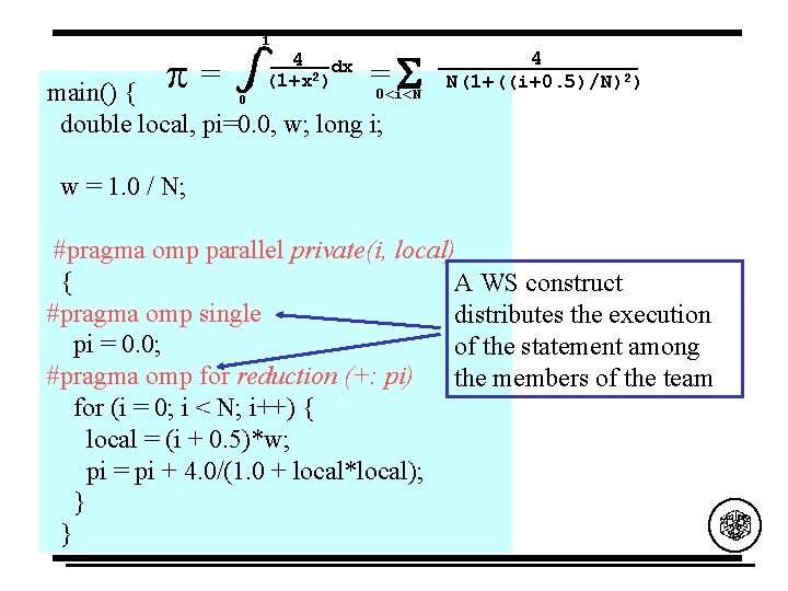 1 =0<i<N S main() { p = 0 double local, pi=0. 0, w; long