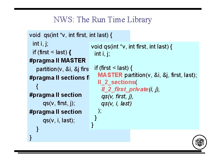 NWS: The Run Time Library void qs(int *v, int first, int last) { int