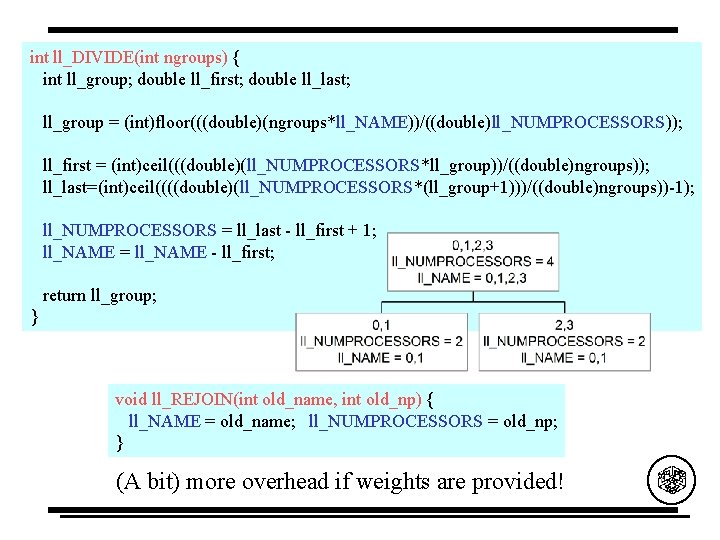 int ll_DIVIDE(int ngroups) { int ll_group; double ll_first; double ll_last; ll_group = (int)floor(((double)(ngroups*ll_NAME))/((double)ll_NUMPROCESSORS)); ll_first